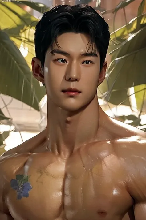 big young stacked buffed korean guy in detail kinda 80s styles kinda chiseled sculpted face very detailed