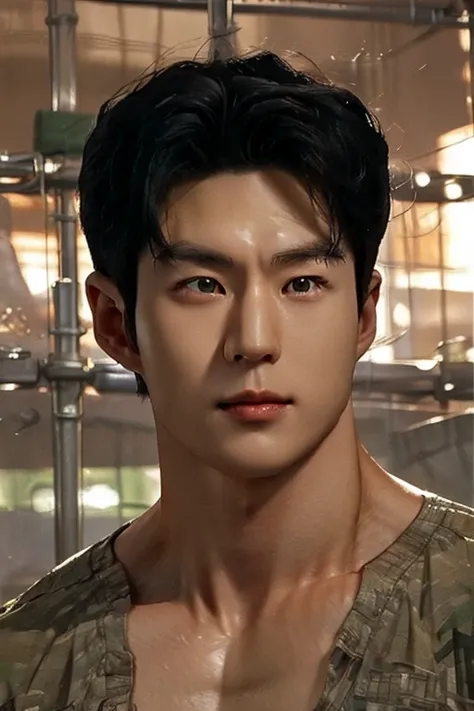 big young stacked buffed korean guy in detail kinda 80s styles kinda chiseled sculpted face very detailed