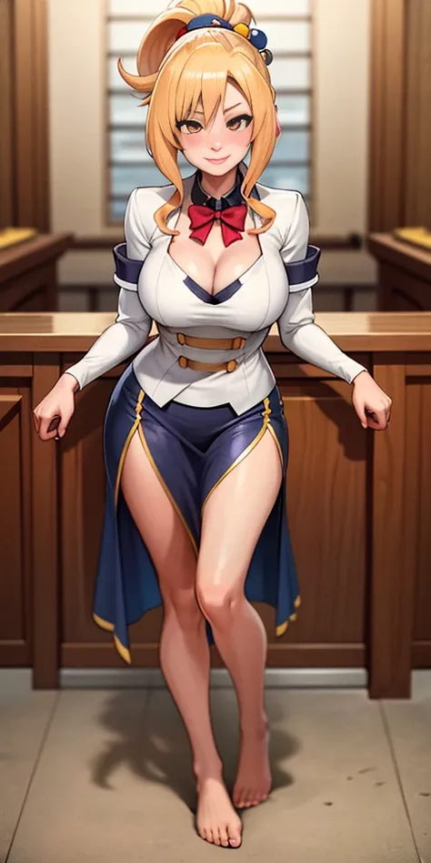 Body position: Standing, straight, symmetrical, barefoot, Lustful smile on face with red blush, Luna Konosuba, Guild receptionist outfit, full body standing, cleavage