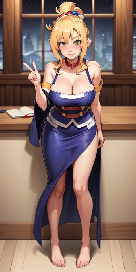 Body position: Standing, straight, symmetrical, barefoot, Lustful smile on face with red blush, Luna Konosuba, Guild receptionist outfit, full body standing, cleavage