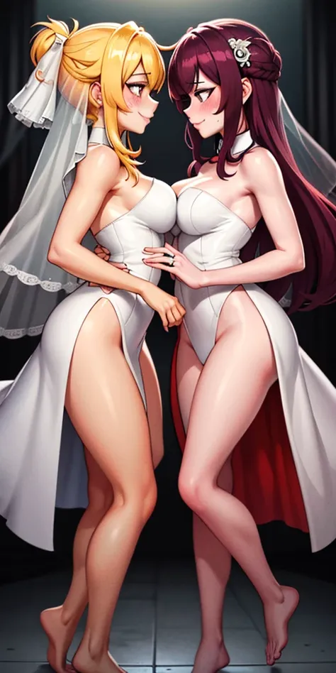 Body position: Standing, straight, symmetrical, barefoot, Lustful smile on face with red blush, 2 girls who gets married and stands in front of many people, kissing