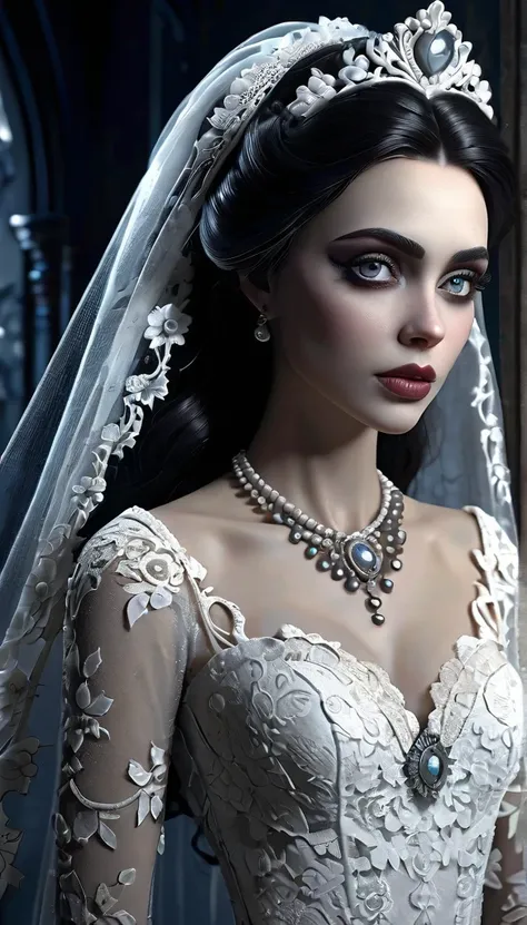 Corpse bride, a dirty white lace wedding dress, animated corpse bride, beautiful detailed eyes, beautiful detailed lips, long eyelashes, high-detail 3D render, dark surreal gothic fantasy, somber moody lighting, muted color palette, cinematic dramatic comp...