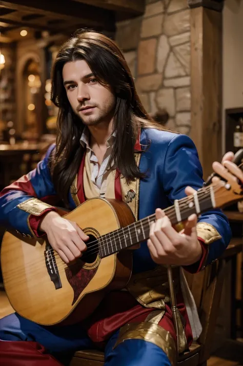 best quality, 8k, highly detailed face and skin texture, high resolution, long hair man in colorful suit playing lute at tavern,...