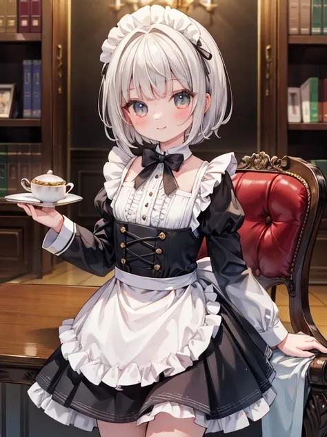 masterpiece, highest quality, Very detailed, 16k, Ultra-high resolution, Cowboy Shot, Detailed face, Perfect Fingers, A 7-year-old girl, Golden Eyes, smile, Silver Hair, short hair, Black maid outfit, Luxurious Western-style building, Bookshelf, Table seat...