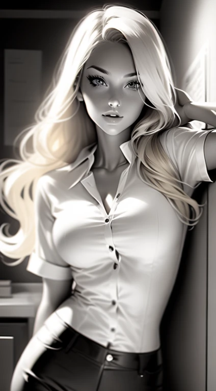 Beautiful 20yr old girl, blonde hair, detailed, toned body, simple, femme fatale, Noir et blanc, monochrome, looking at viewer, wearing uniform of a college professor