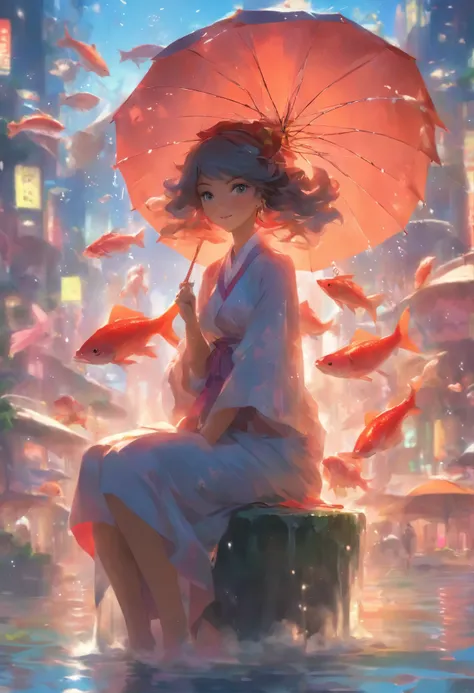 there is a woman sitting on a fish with an umbrella, a detailed painting by Yanjun Cheng, trending on cgsociety, fantasy art, guweiz on pixiv artstation, guweiz on artstation pixiv, artwork in the style of guweiz, loish and wlop, guweiz, ross tran and wlop