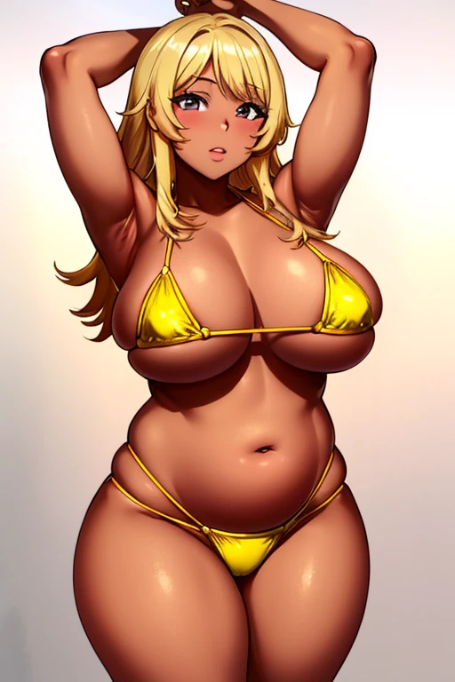 ((highest quality)), ((masterpiece)), (detailed), Perfect Face,gyaru,Armpit,Plump,Micro Bikini,Gold Bikini,Brown skin,Brown Skin,hair_blonde_Gradient pink,Thick thighs