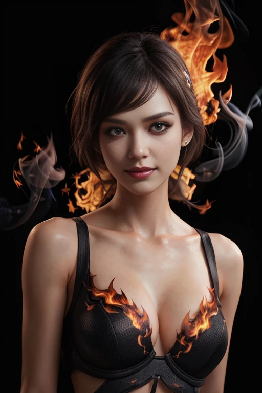 (extremely detailed CG unity 8k wallpaper),(masterpiece), (best quality), (ultra-detailed), (best illustration),(best shadow), (sharp eyeliner, eyeshadow, detailed eyes:1.1), (flames, smoke:1.3), ,BREAK, (vector:1.2), evil smile,