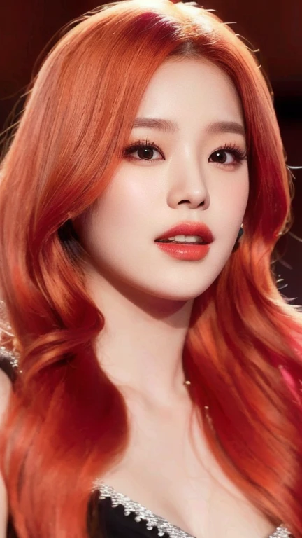 a close up of a woman with red hair and a black dress, she has long redorange hair, portrait jisoo blackpink, sun yunjoo, portrait of jossi of blackpink, glowing crimson head, popular south korean makeup, orange glowing hair, popular korean makeup, jossi o...