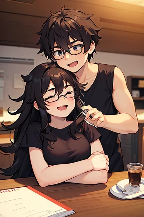 (masterpiece:1.2), high quality, high resolution, a devoted 25-year-old man with his girlfriend, black curly hair, wearing glasses, no beard, slightly awkward demeanor, 21-year-old woman, long black hair, not wearing glasses, , wearing a light blue sleevel...