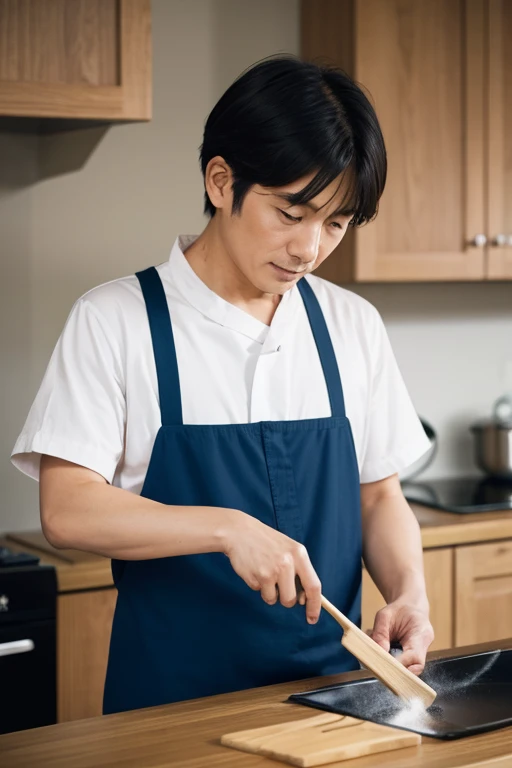 Japanese man cooking、50th Generation、kitchen、Wearing a shirt