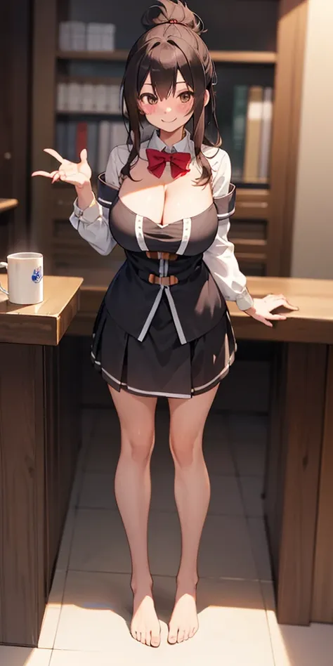 Body position: Standing, straight, symmetrical, barefoot, Lustful smile on face with red blush, Luna Konosuba, Guild receptionist outfit, full body standing, cleavage