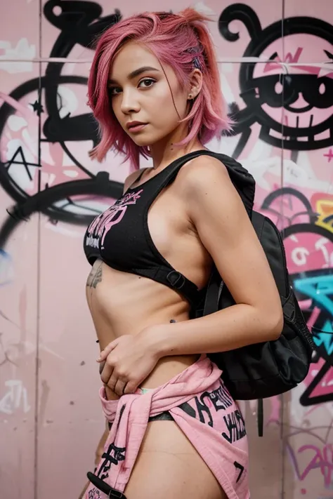 A  with bright pink hair and a rebellious attitude stands in front of a graffiti-covered wall, her backpack slung over one shoulder and a mischievous glint in her eye.