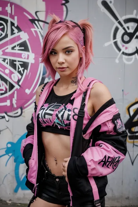 A  with bright pink hair and a rebellious attitude stands in front of a graffiti-covered wall, her backpack slung over one shoulder and a mischievous glint in her eye.