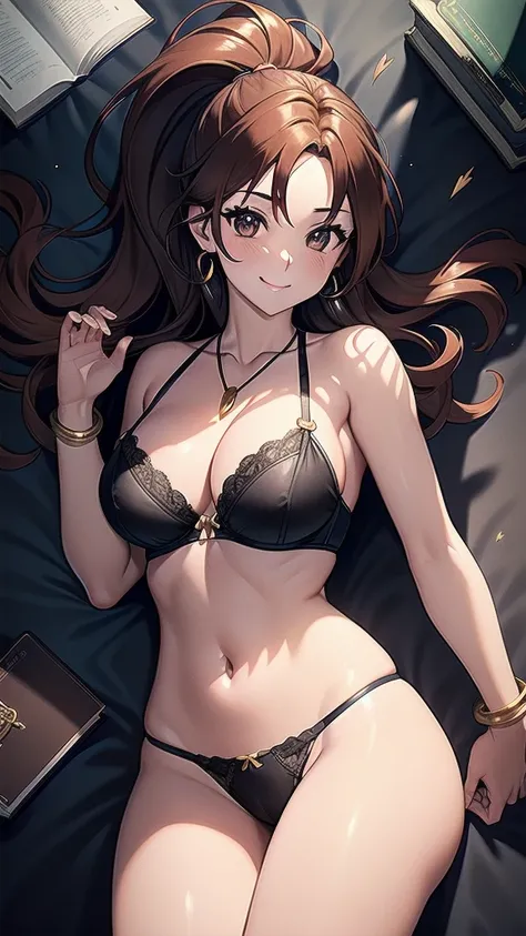 masterpiece, best quality, 1 solo girl, brown hair, brown eyes, long hair, medium breasts, sexy body and face, wavy hair, smile, black bra, black panty, pendant, bracelet, jewelry, earrings, feather hair ornament, book, lying at the bed, night, sexy pose, ...