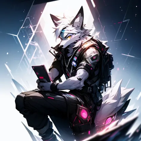 cyber punk perssonage，epcot，Tech style，solo person，White body，White ears，White hair，Overall white，Orange-yellow eyes，Wolf tail，Wolf orcs，Young，Wear a short-sleeved shirt，Ultra-clear screen，Soft lines