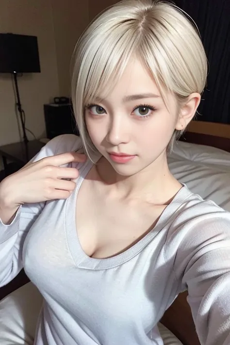 cute 22 year old japanese、night、on the bed、sweat pajamas、Cute colorful pajamas、super detailed face、An eye for detail、double eyelid、beautiful thin nose、sharp focus:1.2、Beauty:1.4、(light White hair、short cut hair、white skin、highest quality、masterpiece、ultra ...