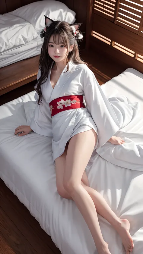 18 year old girl:1.5, just out of the bath:1.5,lying face down on the futon:2,A white yukata is draped over a prone body as a comforter.:1.75，The yukata obi is not attached.:1.95,Inside the inn room:1.2, very dim lighting:1.2，medium long hair, All hair col...