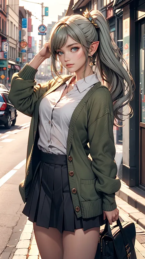 masterpiece , highest quality,Nahida(Genshin Impact) ,One girl , Small breasts,Long Hair ,Side Ponytail, hair ornaments , Gray Hair , Green Hair , Place your hands behind your head:1.5,Multicolored Hair, Fairy , Pointed Ears ,  , skirt ,cardigan,road , str...