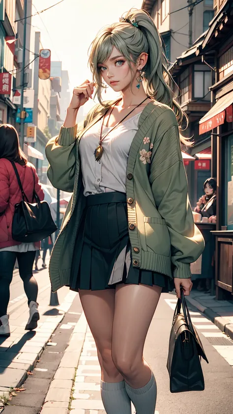 masterpiece , highest quality,Nahida(Genshin Impact) ,One girl , Small breasts,Long Hair ,Side Ponytail, hair ornaments , Gray Hair , Green Hair , Place your hands behind your head:1.5,Multicolored Hair, Fairy , Pointed Ears ,  , skirt ,cardigan,road , str...