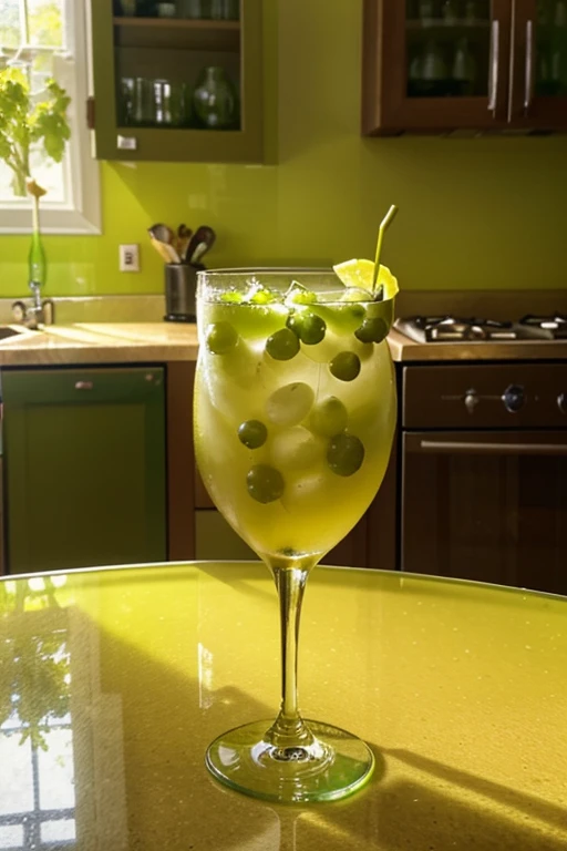 Stylish home kitchen counter,Yellow-green transparent cocktail in a glass with soda,A lot of Muscat,Put more Muscat on the table,Yellow-green grapes placed next to the glass,There are no grapes in the glass.,The contents of the glass are clear yellow and c...