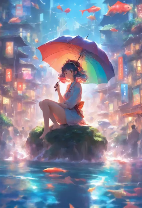 there is a woman sitting on a fish with an umbrella, a detailed painting by Yanjun Cheng, trending on cgsociety, fantasy art, guweiz on pixiv artstation, guweiz on artstation pixiv, artwork in the style of guweiz, loish and wlop, guweiz, ross tran and wlop