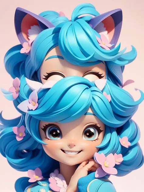 Happy girl wearing cat ears, cute and exquisite face, Japanese cartoons. illustration, Realistic shadows for perfect face shape, A big smile, fine details ,Blue Hair