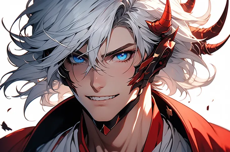 ((character)), (best quality)), ((masterpiece)), (detailed), ((white background)), white garb, solo, 1boy, male focus, stark_sousou_no_frieren, white hair, shirtless, long coat, pale skin, muscular, red horns, messy hair, blue eyes, anime, crazy smile,