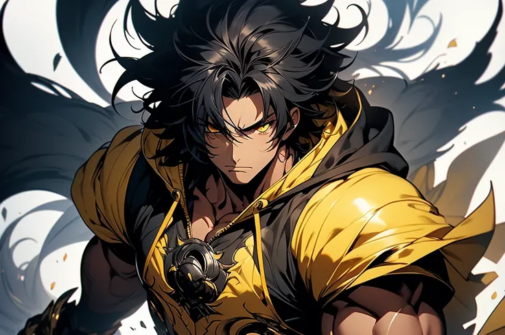 ((character)), (best quality)), ((masterpiece)), (detailed), ((white background)), black garb, solo, 1boy, male focus, stark_sousou_no_frieren, black hair, shirtless, black hoodie, dark skin, muscular, gauntlets, messy hair, yellow eyes, anime,