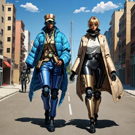 they are two robots walking down the street with guns., detailed cinematography, steampunk digital art, big studio vfx, a still ...