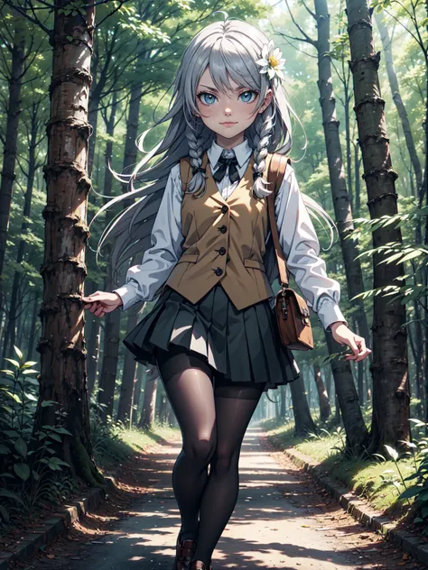 Ultra High Definition, Ultra High Quality, Hyper Definition, Hyper Quality, Hyper Detailed, Extremely Detailed, Perfectly Detailed, 8k, 9 Year Old Anime Girl,  Long Silver Hair with Small Braids,  Girl Vest, shirt,  Skirt, Tights,  Brown Shoes, Solid Green...