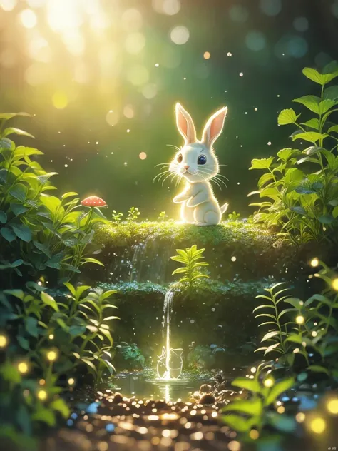 masterpiece, Macro shot of a rabbit drinking water in the forest, night, mushroom, Dew Drops, High contrast, Studio Ghibli style, very complicated, Very detailed, Realistic style