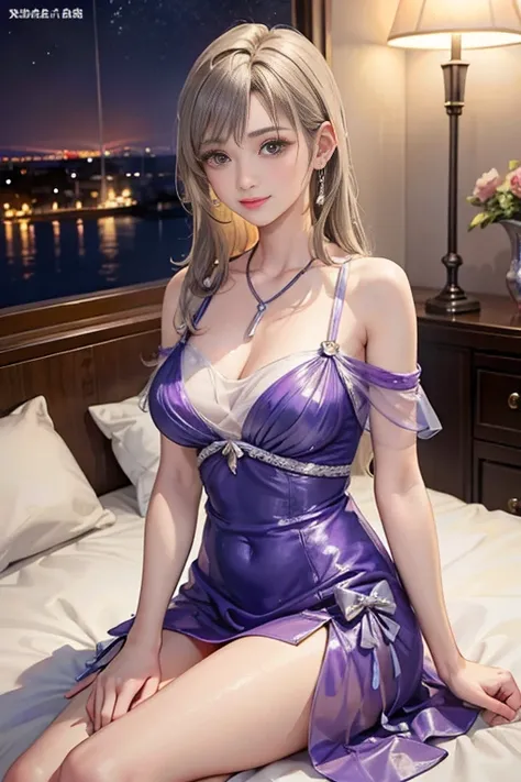 One Woman、20th generation、Soft Light，Big Breasts、Beautiful slender beauty、smile、Earrings、Silver blonde medium long、necklace、A see-through purple dress、Off the shoulder、The night view can be seen from the window、Luxury rooms in luxury hotels、Chair、There is ...