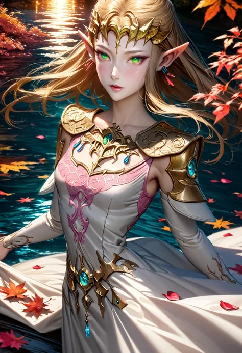 Ultra detailed, highres, absurdres, HDR, blond short hair, expressive green eyes, water, autumn, petals, pink leaves, woman, solo, extremely beautiful, very detailed face and eyes, white long dress with patterns, pointy ears, realistic face, noche, luna, o...