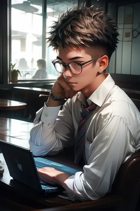 window side, rainy season, cafe, work, laptop, male, age 25, short spiked hair, shirt, glasses,