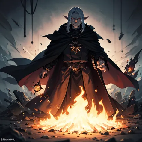 A aged male, He is an evil necromancer, Dark-elf, Black robe, Flame, Alchemist, Eerily, Dark atmosphere, Perfect quality, Ultra detailed