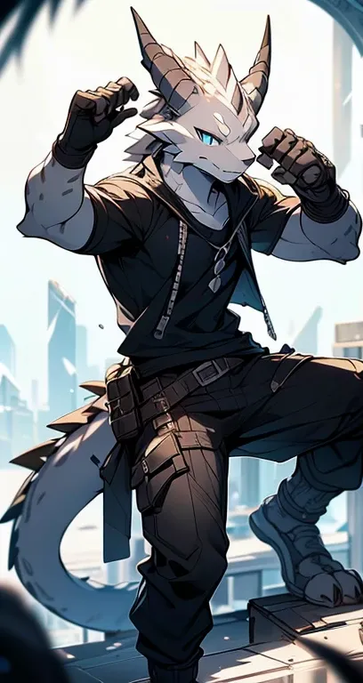 Masterpiece, Cool Pose, Furry Gray Dragon, Medium Strong Body, Blue Eyes, Grey Medium Hair, Combat Black Shirt, Combat Gloves, Combat Pants, Fierce, Good looking 