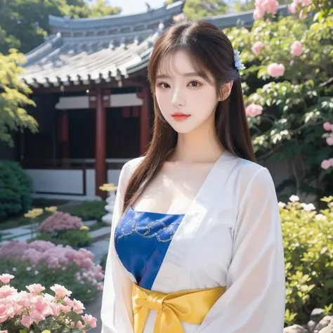 A woman in a blue and white dress stands in the garden., beautiful south korean woman, white Hanfu, Korean girl, korean woman, Chinese girl, palace ， a girl in Hanfu, beautiful asian girl, Chinese woman, traditional beauty, beautiful young korean woman, Ha...