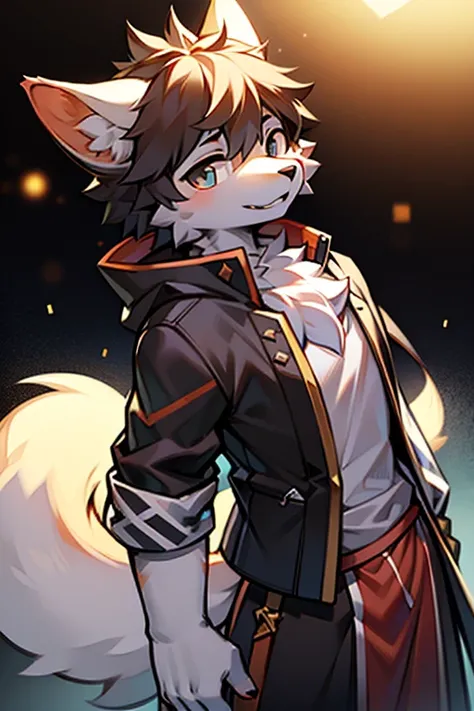 tmasterpiece，eyes with brightness, in a panoramic view, Character focus, solo, Furry male wolf, Off-white fur, Different colored eyes,CasualClothing，Young style，The demeanor is cold,One meter seven height，Particularly handsome, has a tail，BREAK BREAK BREAK...