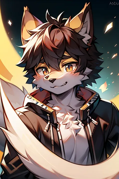 tmasterpiece，eyes with brightness, in a panoramic view, Character focus, solo, Furry male wolf, Off-white fur, Different colored eyes,CasualClothing，Young style，The demeanor is cold,One meter seven height，Particularly handsome, has a tail，BREAK BREAK BREAK...