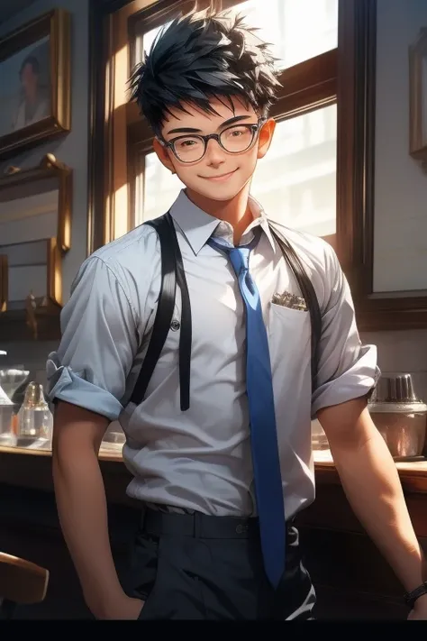 window side, cafe, smile, blue tie, male, 18 years old, short spiked hair, black hair, white shirt, rolling up sleeves, glasses,...