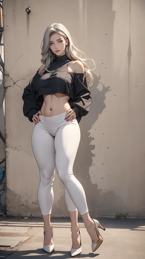 24 year old Caucasian female、Silver Hair、blue eyes、long hair、Straight Hair、Underboob top with logo((underboob top))Wear、Lower milk visible、I can see my belly button、Wear low rise leggings、Wear stiletto heels、Place your hands on your hips、Concrete wall back...