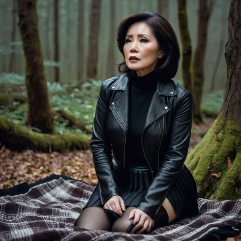 masterpiece, moody, noir, mature woman in forest, pulls down on knees, stockings, turtleneck, skirt, leather jacket, beautiful brunette hair, depraved, asian:0.5, blanket, muted colors, muffled light