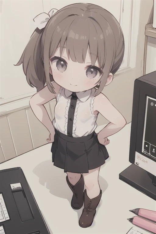 Best quality, High quality, masterpiece, a high resolution, 1 girl, One, dark brown hair, Bangs down, mini ponytail, short hair, Dark brown eyes, upside down eyes, smile, ashamed, brush, standing, (((very small breasts))), sleeveless shirt, A skirt, boots,...