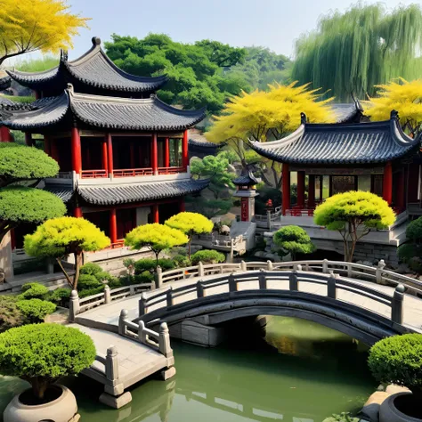 South City Garden，There is a pagoda in the middle，There is another bridge, Chinese Architecture, Chinese Architecture,, Chinese Village, Beautiful ancient garden behind，Wang Xuetao&#39;s freehand style，Graininess，Structured，Clear details，Green plants，Green...