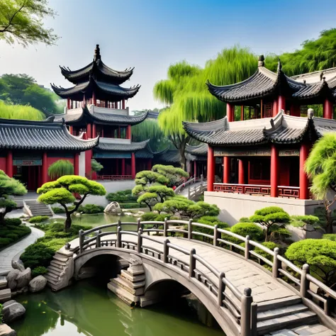 South City Garden，There is a pagoda in the middle，There is another bridge, Chinese Architecture, Chinese Architecture,, Chinese Village, Beautiful ancient garden behind，Wang Xuetao&#39;s freehand style，Graininess，Structured，Clear details，Green plants，Green...