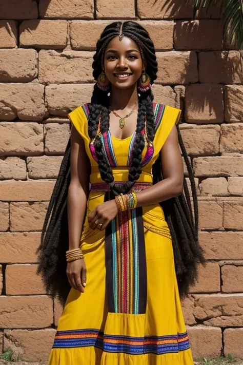  rendering of a black indian woman with radiant skin and a warm smile, sporting a long braided hairstyle. She is wearing a vibrant black dress that reflects her culture and personality. The surrounding scenery is a square, com elementos que destacam a bele...