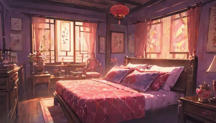 Top quality illustration landscape no people chinese style room purple delicate bed sofa