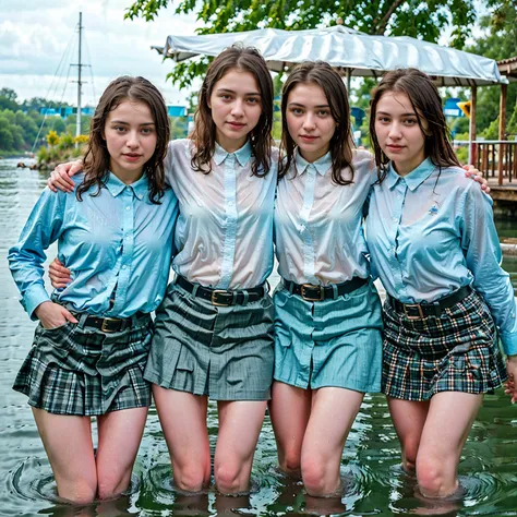 3 women swimming in the river, rain, wet hair, flirting with each other, cheerful, wet collared shirt, skirt, belt soakingwetclo...