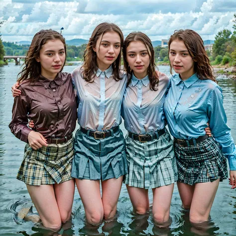 3 women swimming in the river, rain, wet hair, flirting with each other, cheerful, wet collared shirt, skirt, belt soakingwetclo...